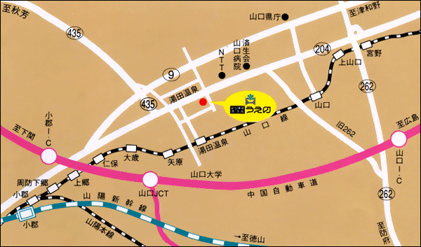 湯田温泉　ビジネスホテル　うえの＜山口県＞への概略アクセスマップ