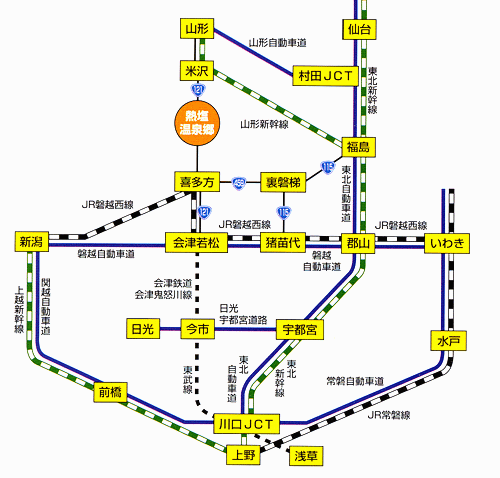 会津熱塩温泉　ますや旅館への概略アクセスマップ