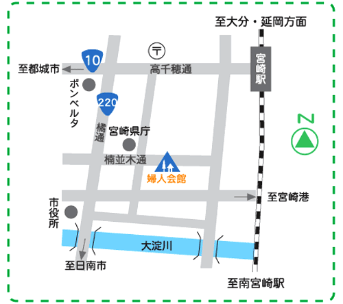 ユースホステルサンフラワー宮崎への概略アクセスマップ