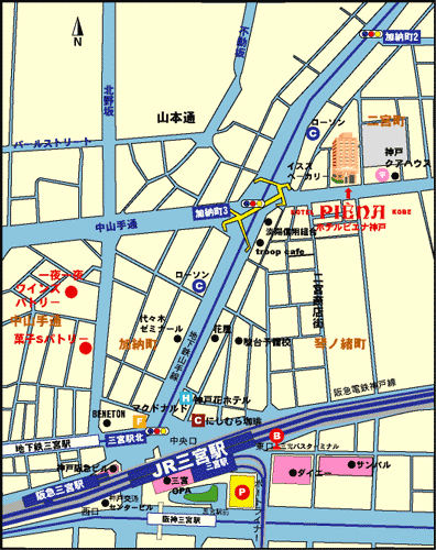 ホテルピエナ神戸への概略アクセスマップ
