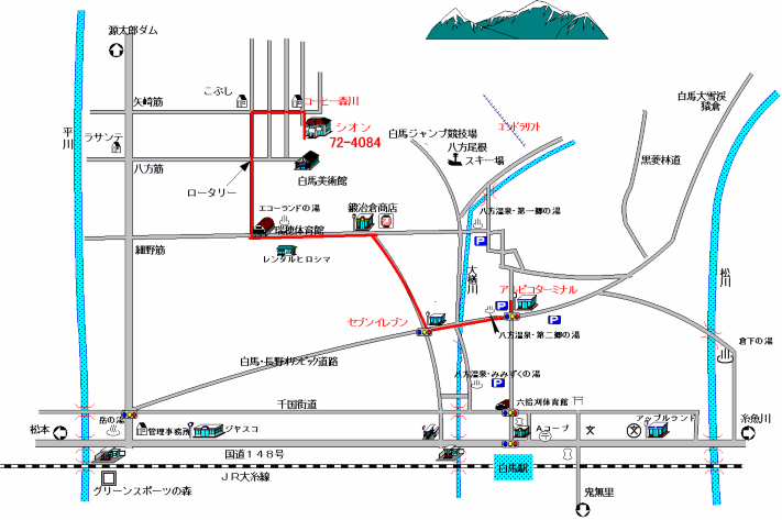 白馬　プチホテル　シオンへの概略アクセスマップ