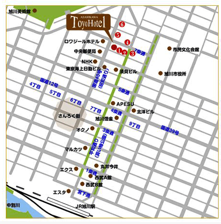 旭川トーヨーホテルへの概略アクセスマップ