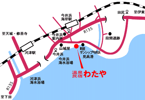 今井浜　温泉露天風呂わたやへの概略アクセスマップ