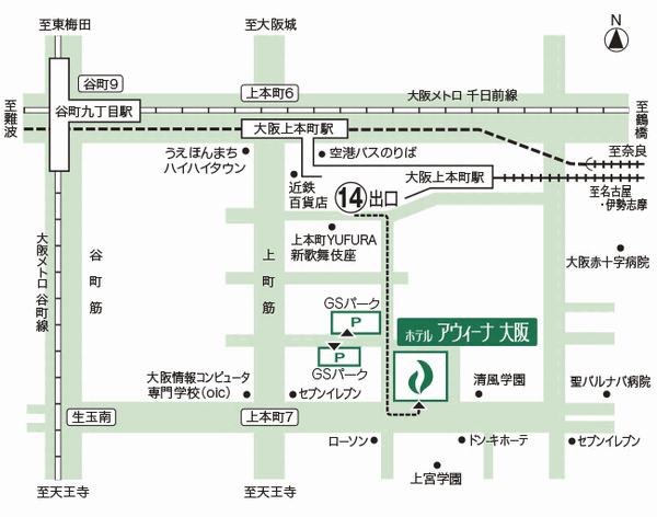 ホテル　アウィーナ大阪への概略アクセスマップ