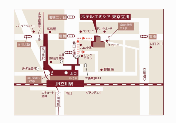 ホテルエミシア東京立川への概略アクセスマップ