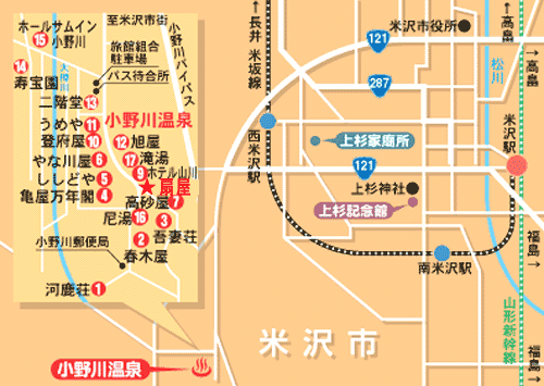 小野川温泉　扇屋旅館への概略アクセスマップ
