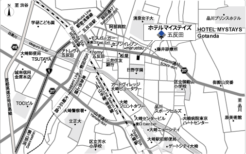 ホテルマイステイズ五反田への概略アクセスマップ