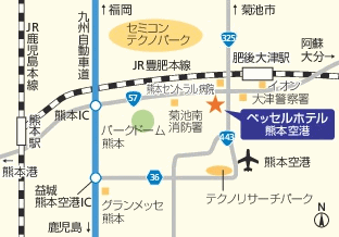ベッセルホテル熊本空港（２０２３年８月全室リニューアル）への概略アクセスマップ