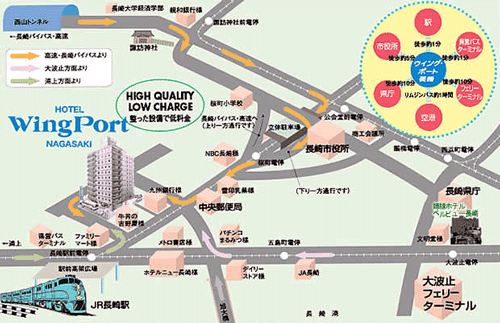 ホテル　ウイング・ポート長崎への概略アクセスマップ