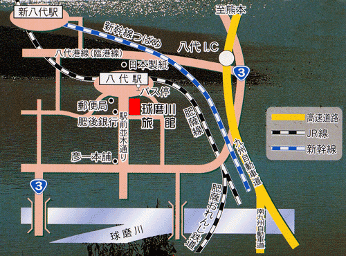 八代駅前　球磨川旅館への概略アクセスマップ
