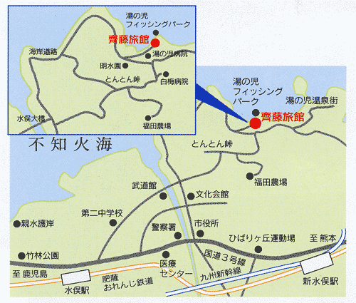 湯の児温泉　魚がうまい宿　齊藤旅館への概略アクセスマップ