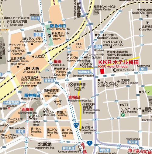 ＫＫＲホテル梅田（国家公務員共済組合連合会大阪宿泊所）への概略アクセスマップ