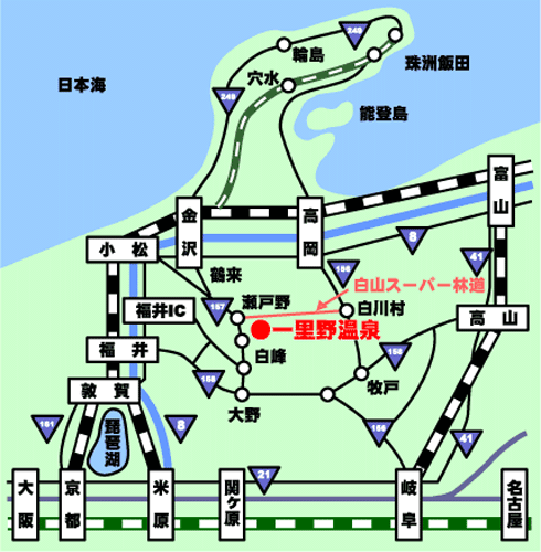 温泉宿　岩間山荘への概略アクセスマップ