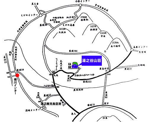霧島湯之谷山荘への概略アクセスマップ