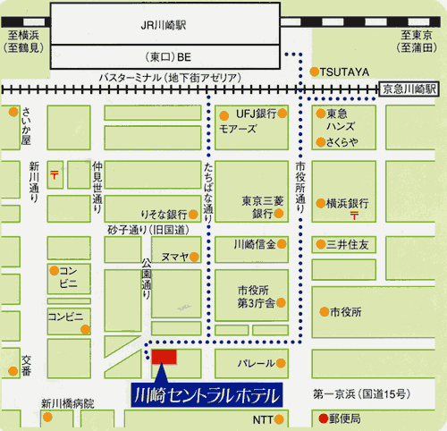 川崎セントラルホテルへの概略アクセスマップ