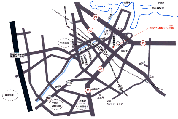 ビジネスホテル三恵への概略アクセスマップ
