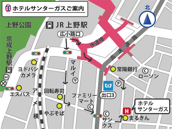 ホテルサンターガス　上野店への概略アクセスマップ