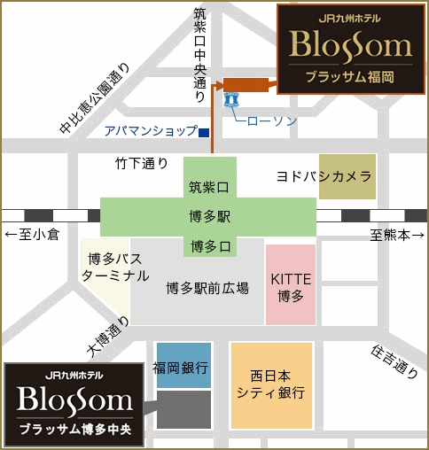 ＪＲ九州ホテル　ブラッサム福岡への概略アクセスマップ