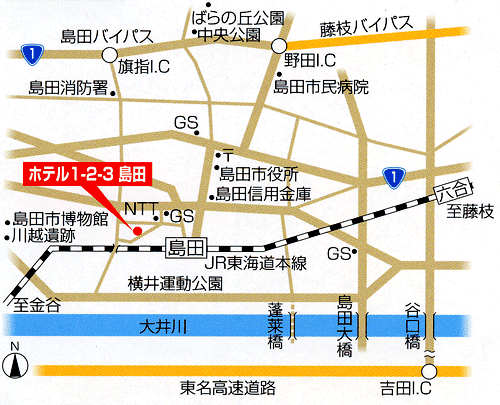 ホテル１ー２ー３島田への概略アクセスマップ