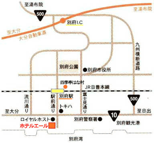 地図：別府温泉　ホテル　エール