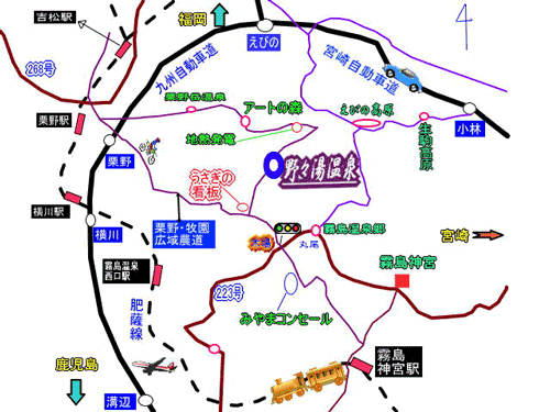 霧島温泉　旅の湯（旧　野々湯温泉）への概略アクセスマップ