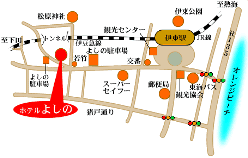伊東温泉　ホテルよしのへの概略アクセスマップ