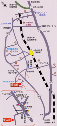 かみのやま温泉　葉山舘への概略アクセスマップ