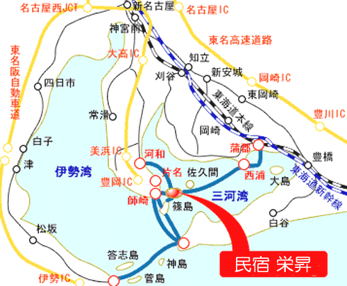 日間賀島　民宿　栄昇への概略アクセスマップ