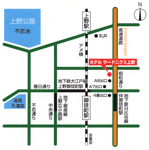 ホテルサードニクス上野への概略アクセスマップ