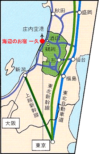 湯野浜温泉　海辺のお宿　一久への概略アクセスマップ