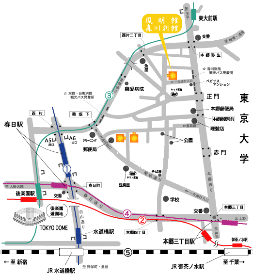 鳳明館　森川別館への概略アクセスマップ