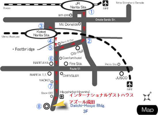 インターナショナルゲストハウス　アズール　成田への概略アクセスマップ