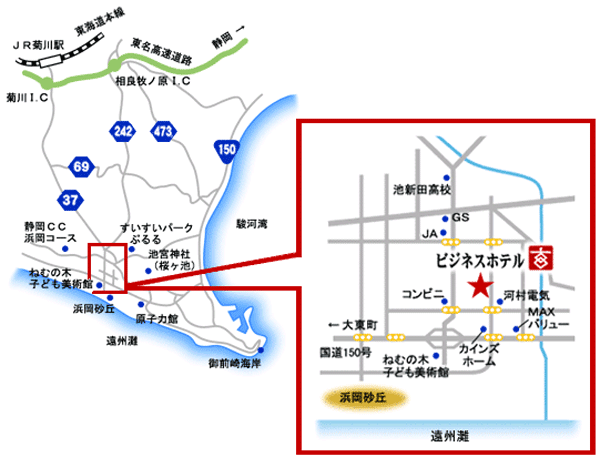 ホテル玄　御前崎への概略アクセスマップ