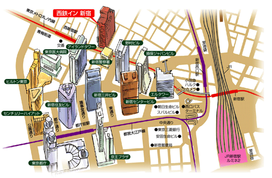 西鉄イン新宿への概略アクセスマップ