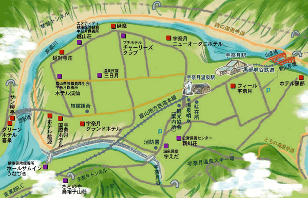 黒部峡谷トロッコ電車駅前　フィール宇奈月への概略アクセスマップ
