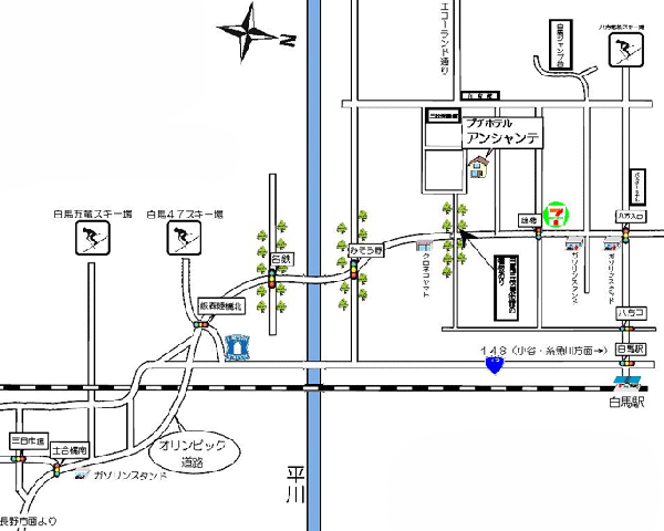 プチホテル　アンシャンテへの概略アクセスマップ