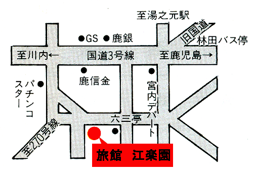 湯之元温泉　旅館　江楽園への概略アクセスマップ