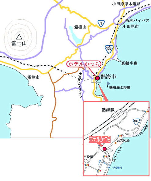 熱海温泉　ホテル　かつらへの概略アクセスマップ