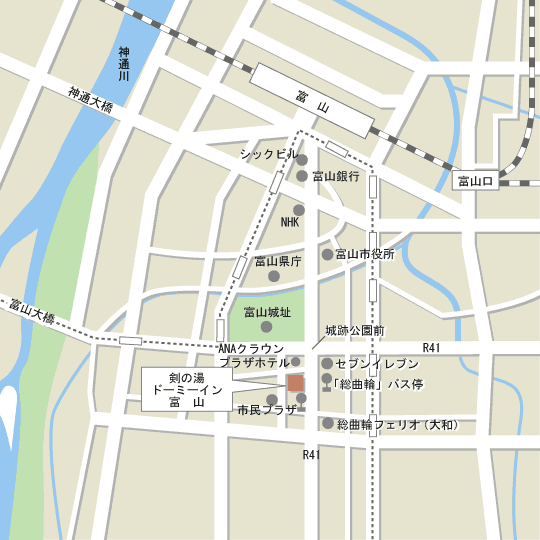 天然温泉　剱の湯　ドーミーイン富山（ドーミーイン・御宿野乃　ホテルズグループ）への概略アクセスマップ