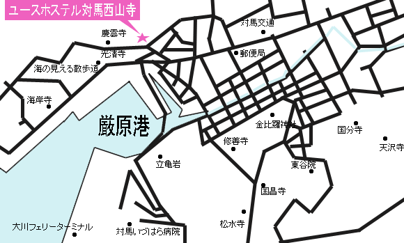 宿坊対馬西山寺への概略アクセスマップ