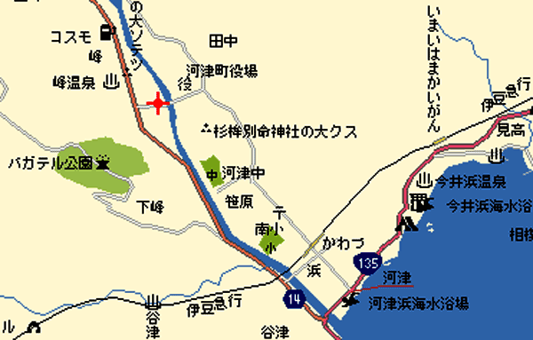 峰温泉　源泉かけ流しの宿　河津・花小町への概略アクセスマップ