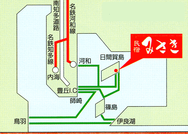 日間賀島　民宿　みさきへの概略アクセスマップ