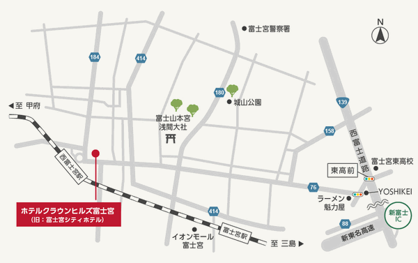 ホテルクラウンヒルズ富士宮　西富士宮駅前（ＢＢＨホテルグループ）への概略アクセスマップ