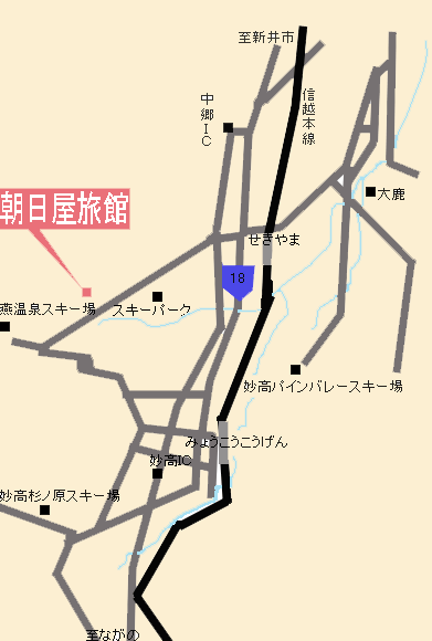 上杉謙信の隠し湯　関温泉　朝日屋旅館への概略アクセスマップ