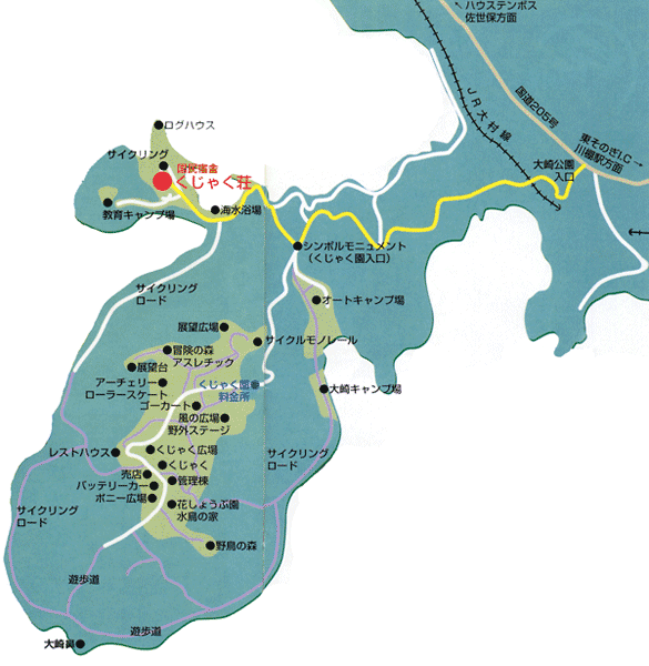 川棚大崎温泉　公共の宿　くじゃく荘への概略アクセスマップ