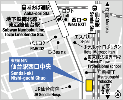 東横ＩＮＮ仙台駅西口中央への概略アクセスマップ