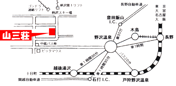 野沢温泉　山三荘への概略アクセスマップ
