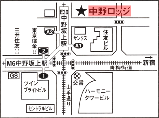 旅舘　中野ロッヂへの概略アクセスマップ