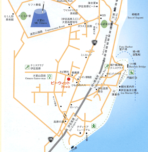 伊豆高原温泉　カントリーイン　ピーウィットへの概略アクセスマップ