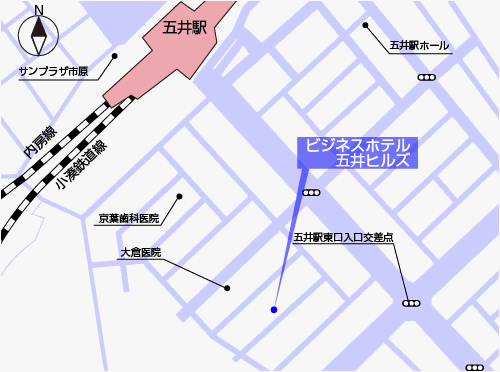ビジネスホテル五井ヒルズ　五井駅前（ＢＢＨホテルグループ）への概略アクセスマップ